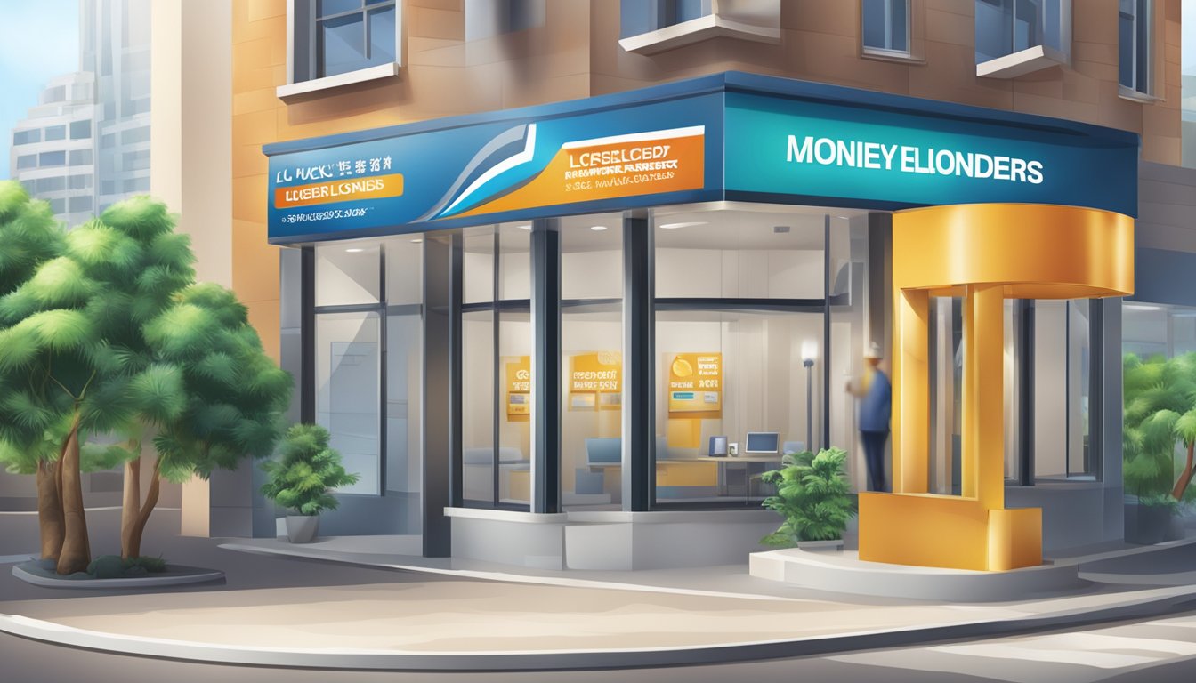 A signboard with "Quick Credit Licensed Money Lenders" displayed prominently. The building exterior features a clean and professional design, with the company logo visible