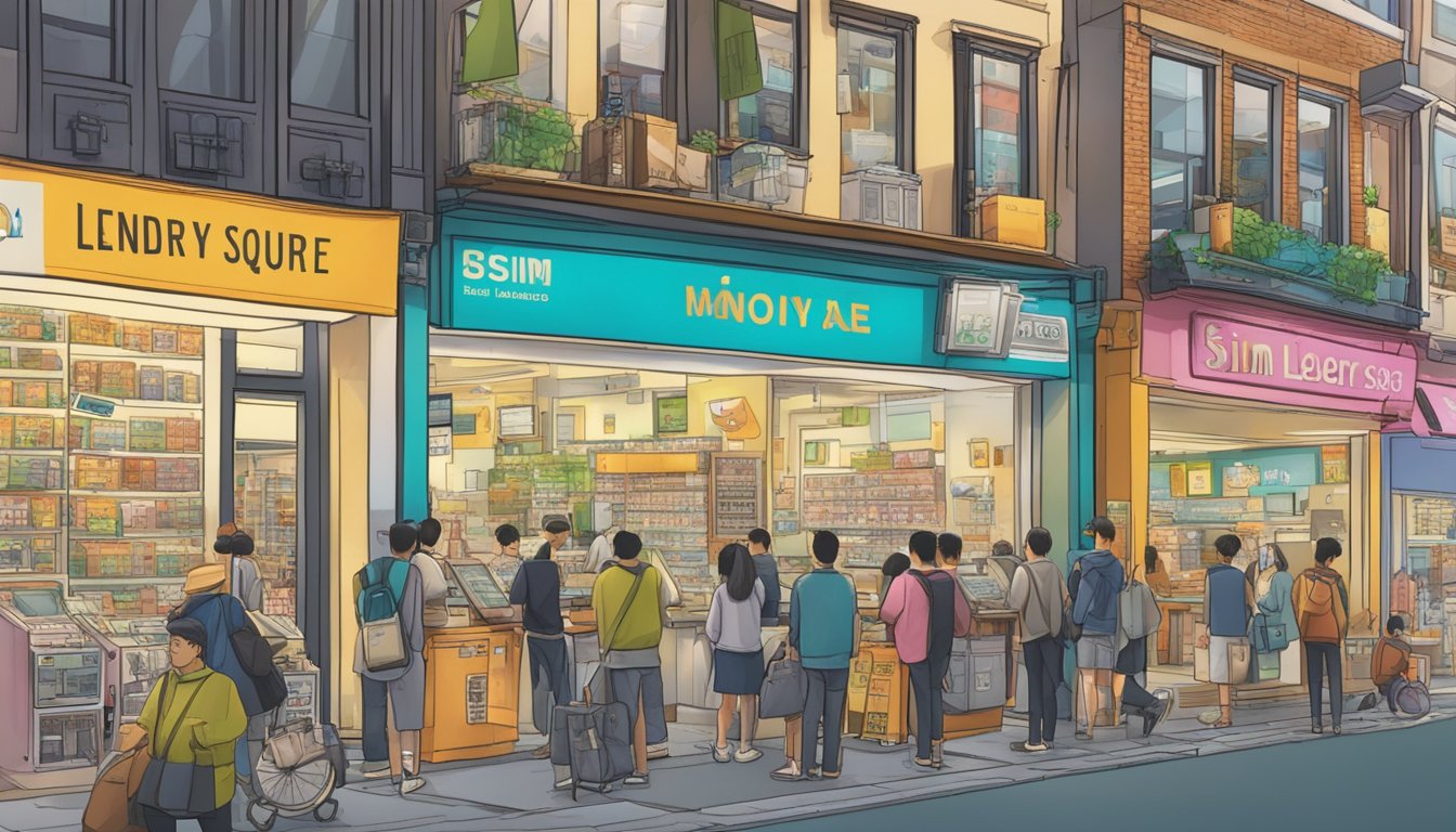 A bustling street with a prominent storefront labeled "Sim Lim Square Money Lender" amidst a cluster of electronics and computer shops