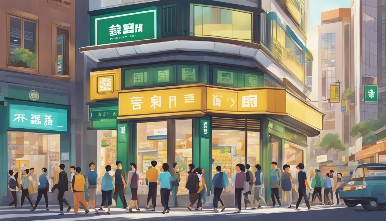 A bustling street with a prominent sign for "Sim Lim Square Money Lender." People enter and exit the building, with a sense of urgency and determination. The surrounding shops and businesses add to the lively atmosphere