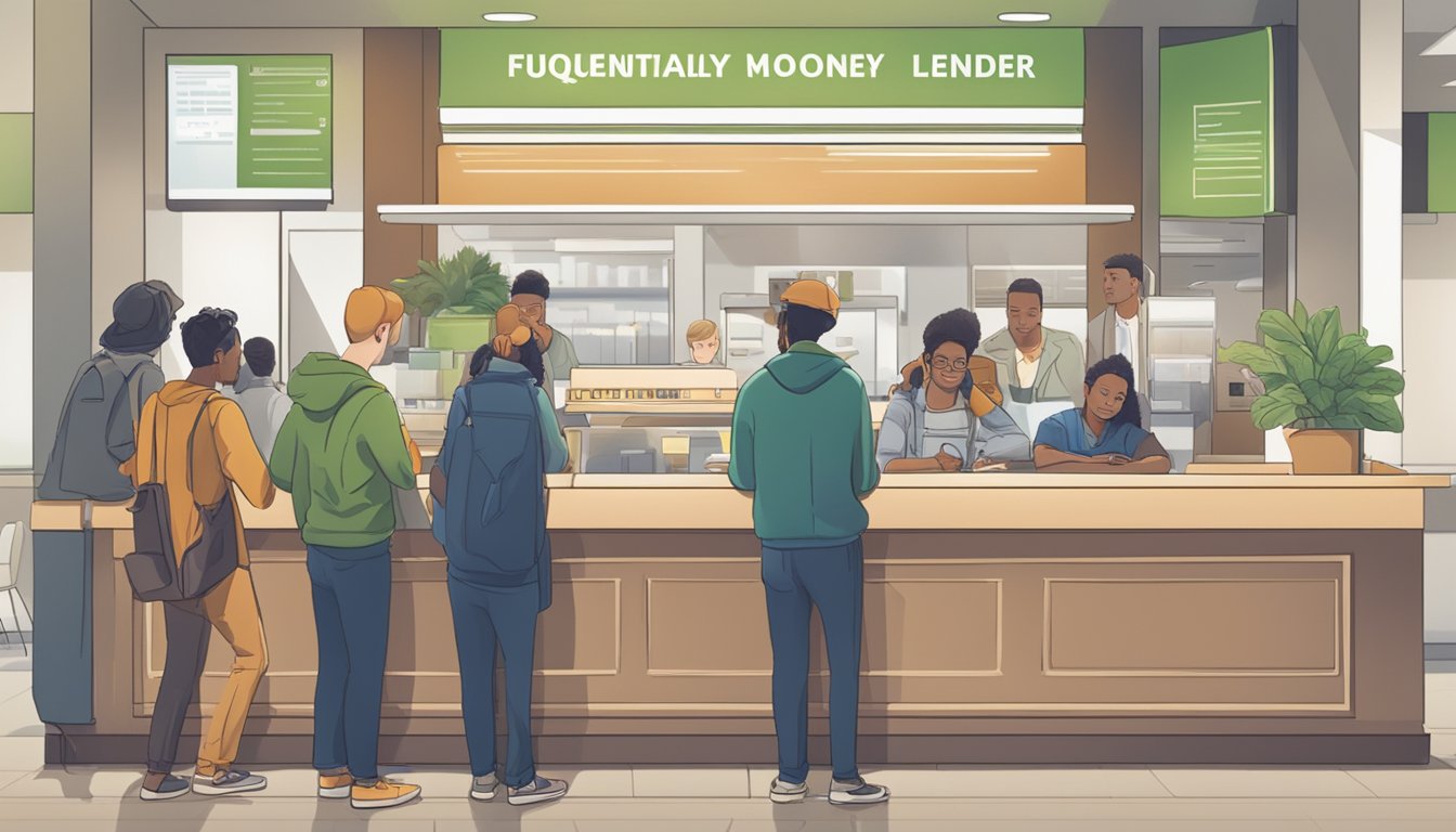 A line of people waiting at a counter, sign above reads "Frequently Asked Questions swift money lender."