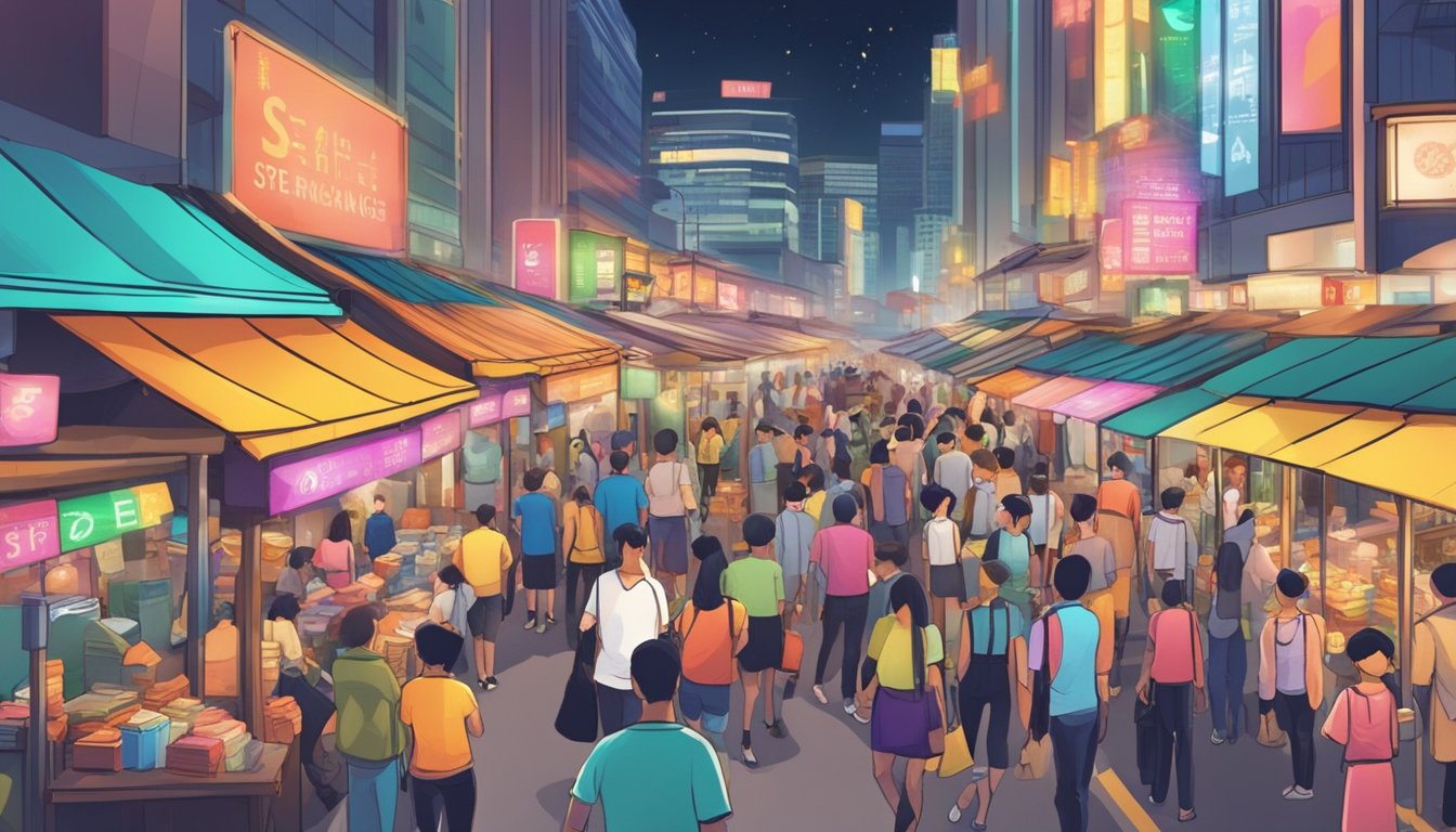 A bustling street in Singapore, with colorful signs and crowded money changer stalls. Customers compare rates and exchange currencies under bright lights