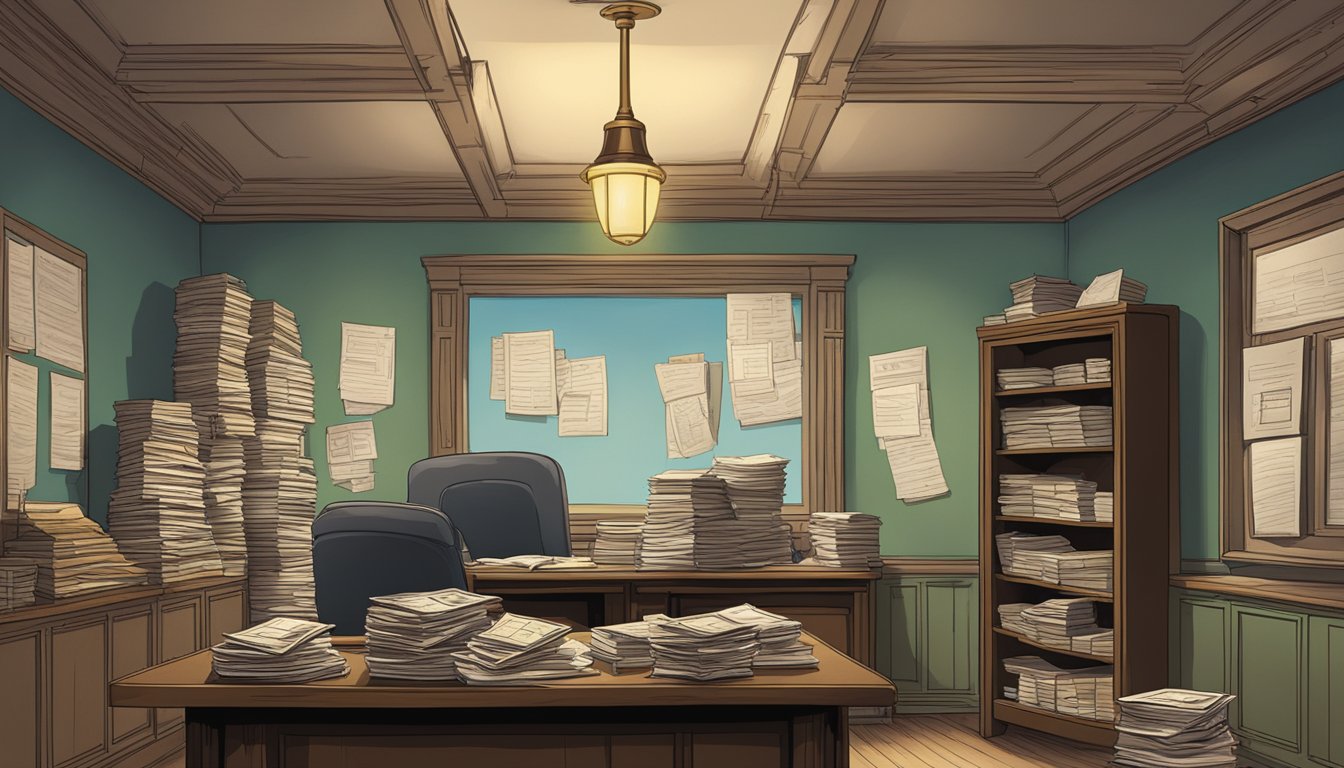 A small, dimly lit room with a wooden desk cluttered with papers and a large ledger. A stern-looking sign with "TK Money Lender" hangs on the wall