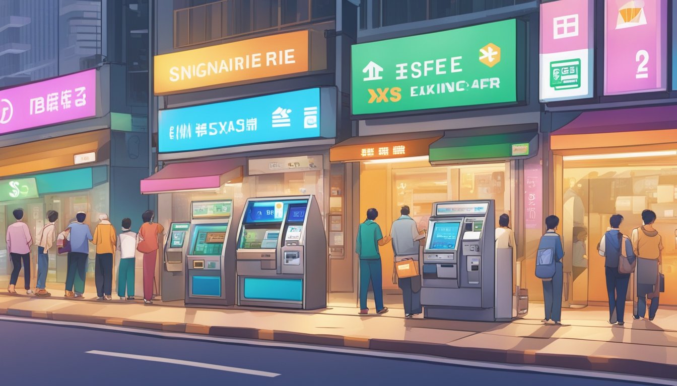 A bustling Singapore street with various money changers' signs, ATMs, and digital currency exchange kiosks. Brightly colored currency symbols and exchange rate displays draw attention