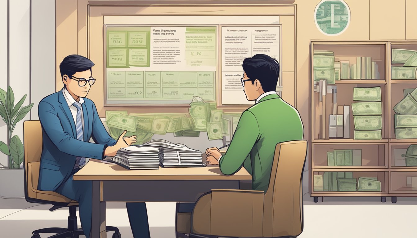 A money lender sitting at a desk, explaining loan terms to a customer. A sign with "Understanding Money Lending in Singapore" is displayed prominently