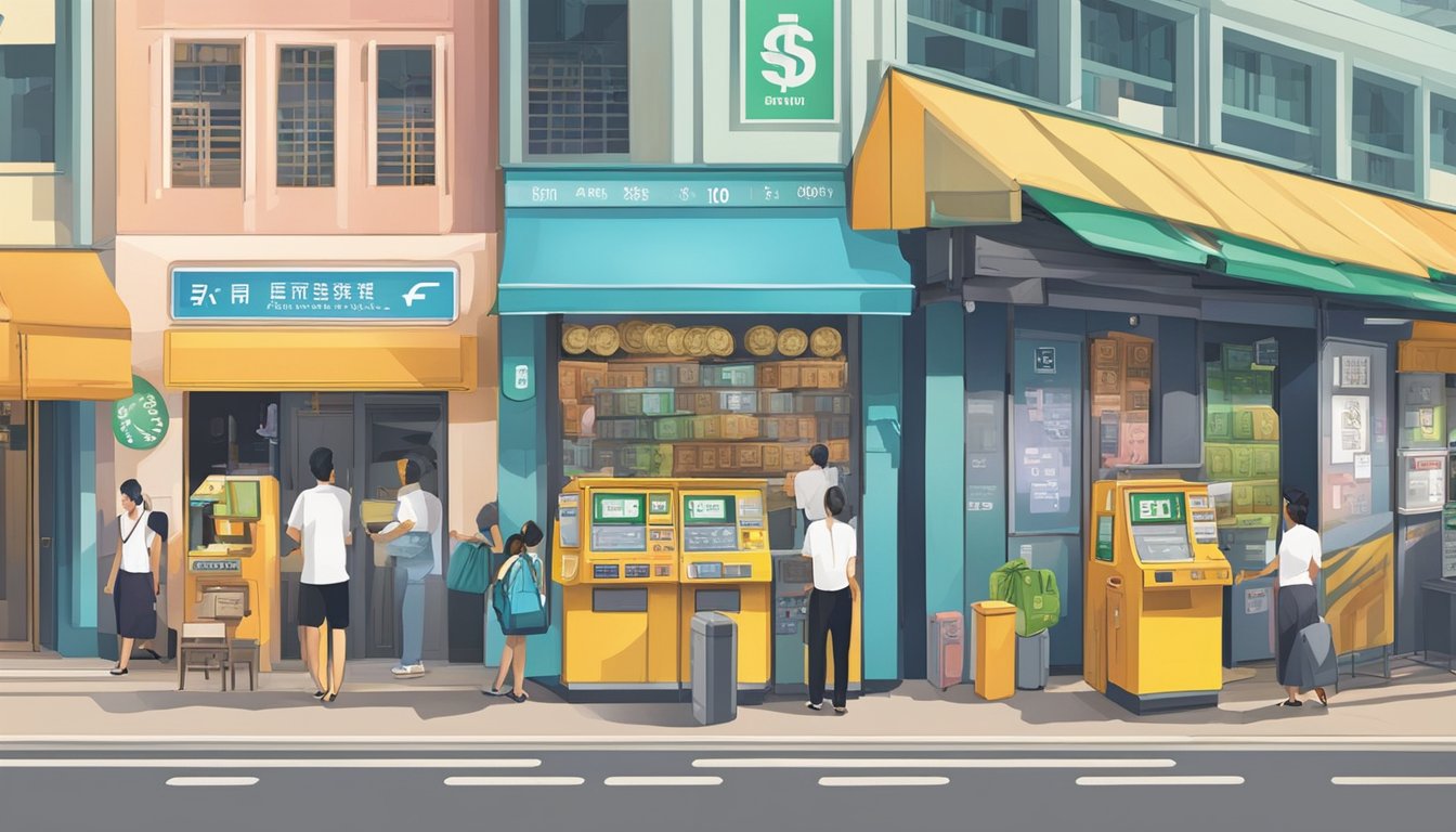 A bustling street in Singapore, with various money changer booths and signs advertising additional services. Brightly colored currency symbols and exchange rates are prominently displayed