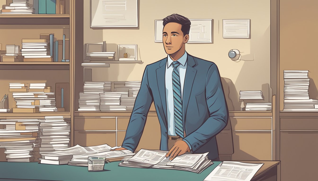 A person standing at a desk, answering questions about borrowing money from a lender. The words "Frequently Asked Questions" are displayed prominently