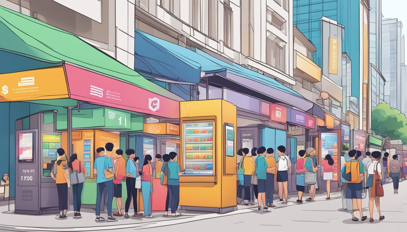 A bustling street in Singapore, with colorful exchange booths and digital screens displaying rates. Customers line up, while staff assist with currency transactions