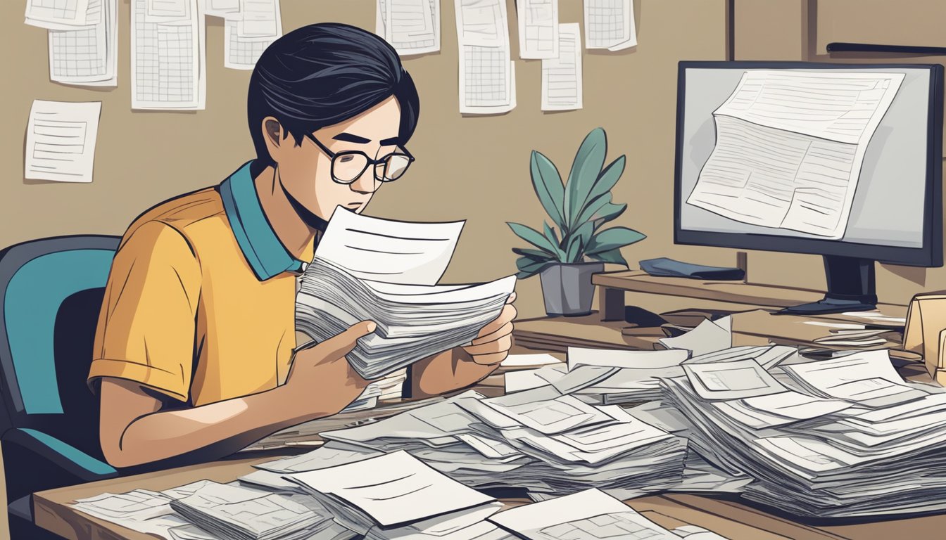 A person sits at a desk, surrounded by overdue bills and a letter from a money lender in Singapore. Their worried expression shows their inability to pay
