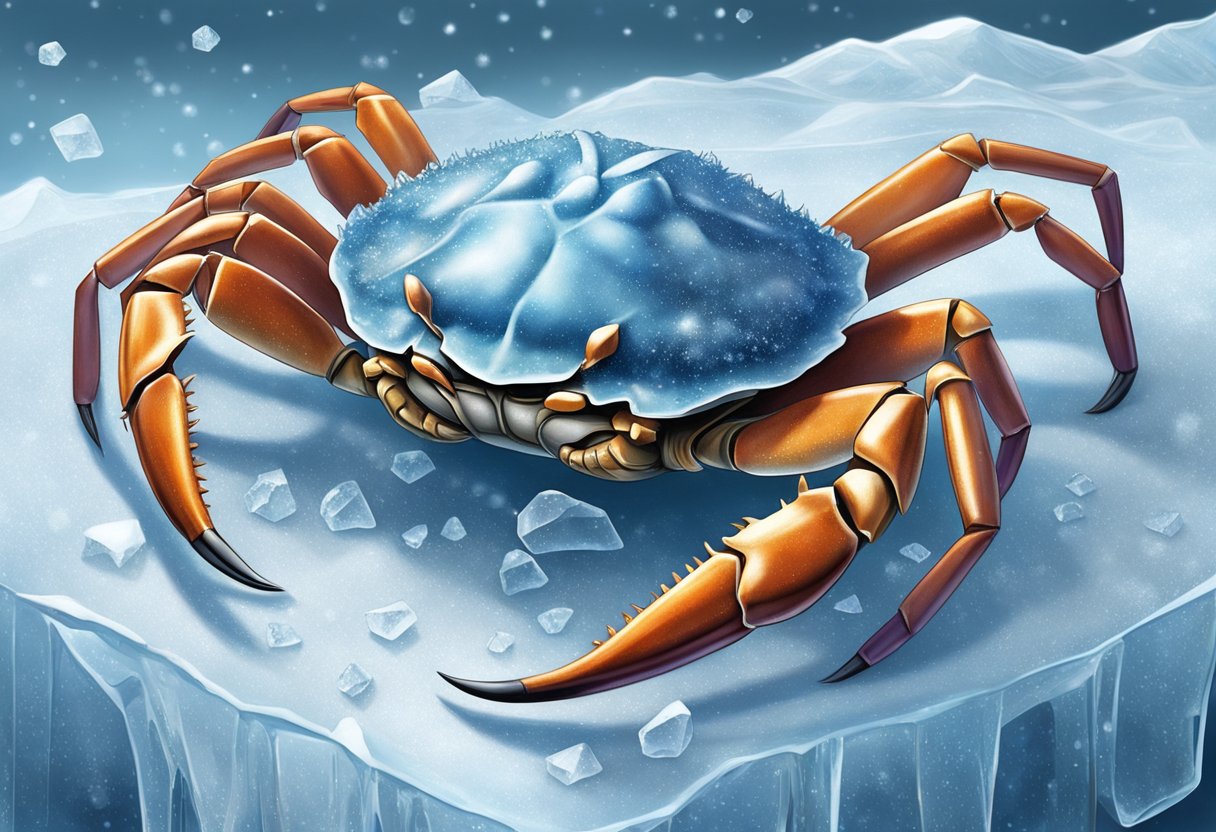 A frozen crab lies motionless on a bed of ice, its shell glistening with frost. Ice crystals cling to its rigid legs, and its claws are locked in a futile attempt to protect itself