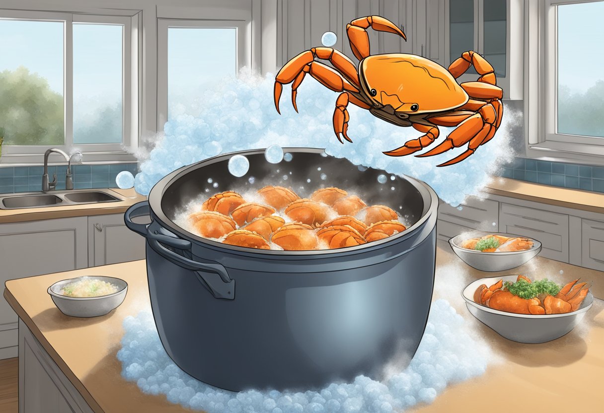 A pot of boiling water with a bag of frozen crab being dropped in. Steam rising, bubbles forming as the crab cooks