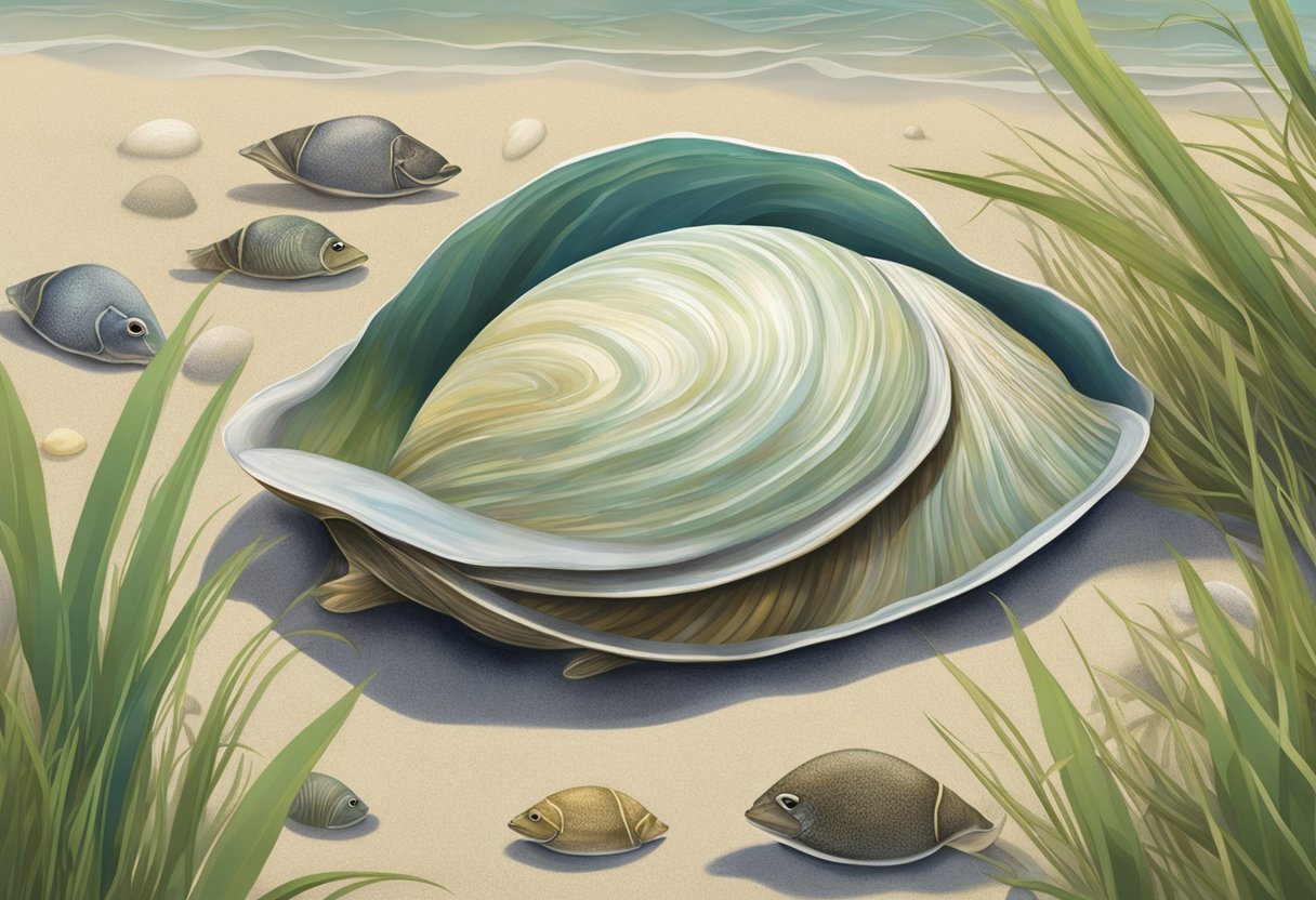 A clam nestled in the sand, surrounded by seagrass and small fish