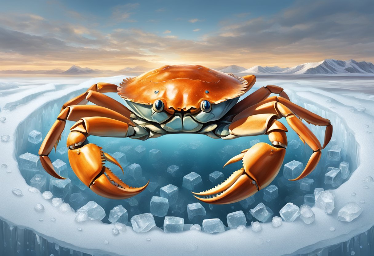 A crab encased in ice, surrounded by a circle of question marks