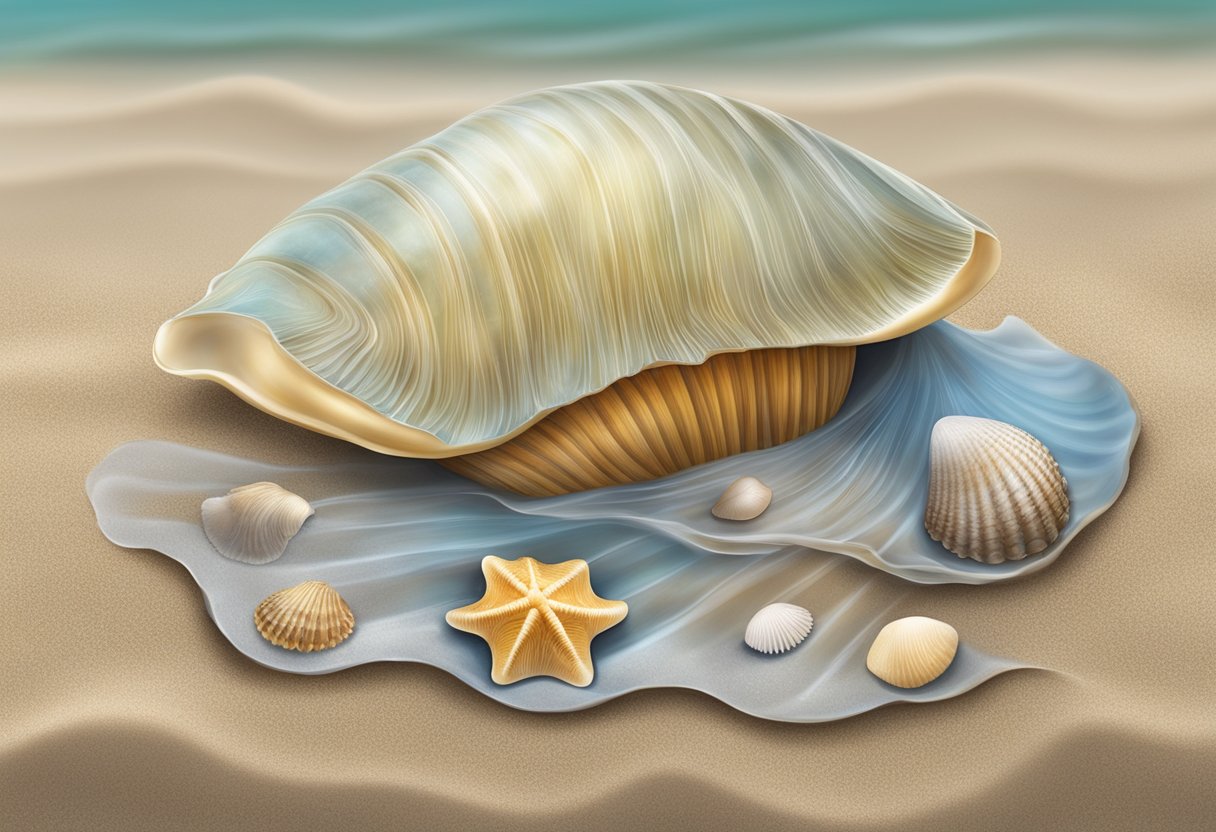 A bamboo clam lies half-buried in the wet sand, surrounded by gentle waves and small seashells