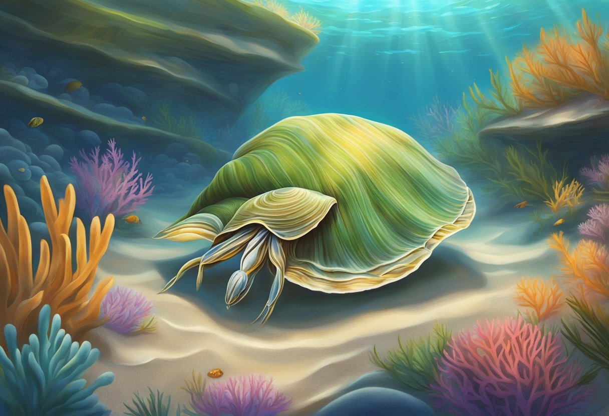 The bamboo clam burrows into the sandy ocean floor, surrounded by swaying seagrass and colorful coral reefs. Sunlight filters through the water, casting a gentle glow on the peaceful underwater habitat
