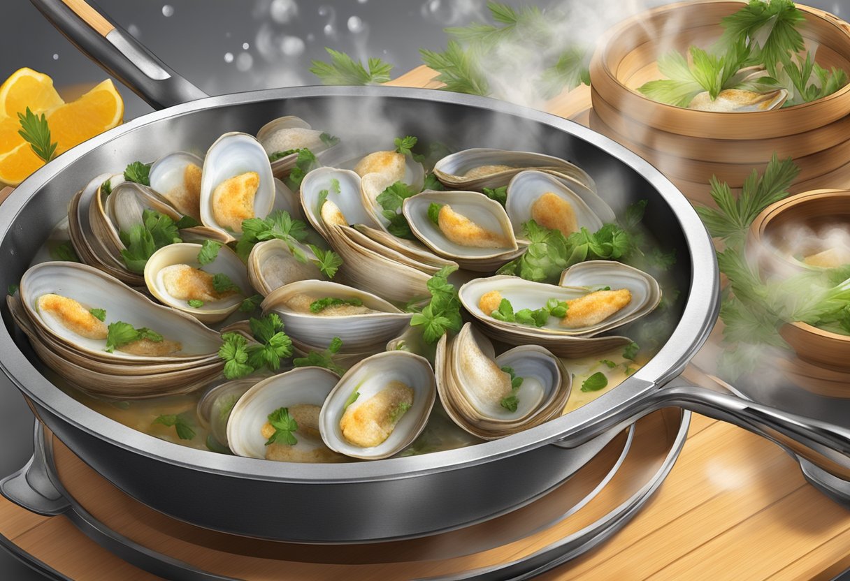 Bamboo clams sizzle in a hot pan, releasing a savory aroma. Steam rises as they are garnished with fresh herbs and a drizzle of fragrant oil