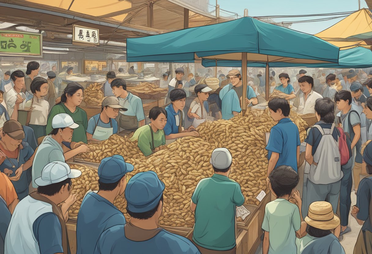 A bamboo clam surrounded by curious onlookers, with a sign reading "Frequently Asked Questions" in a bustling seafood market