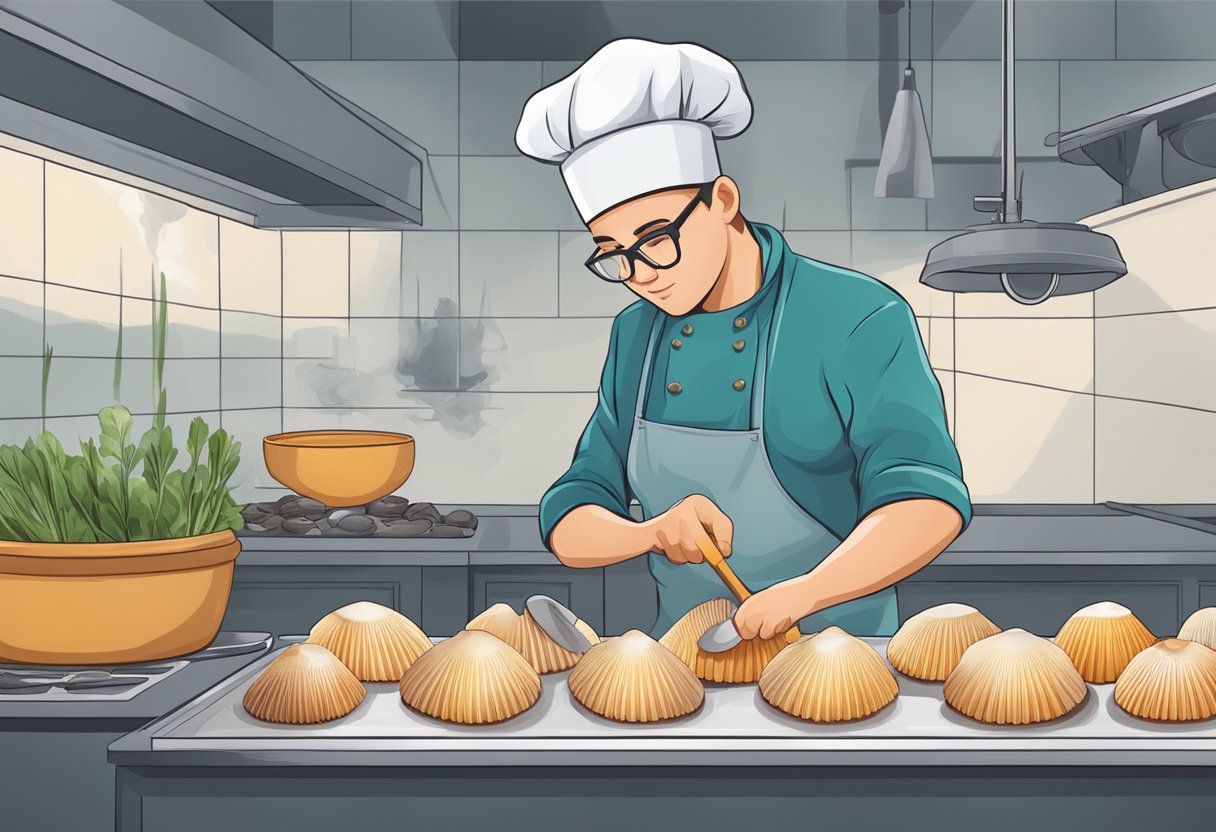 A chef carefully selects and prepares fresh scallops, cleaning and trimming them for cooking