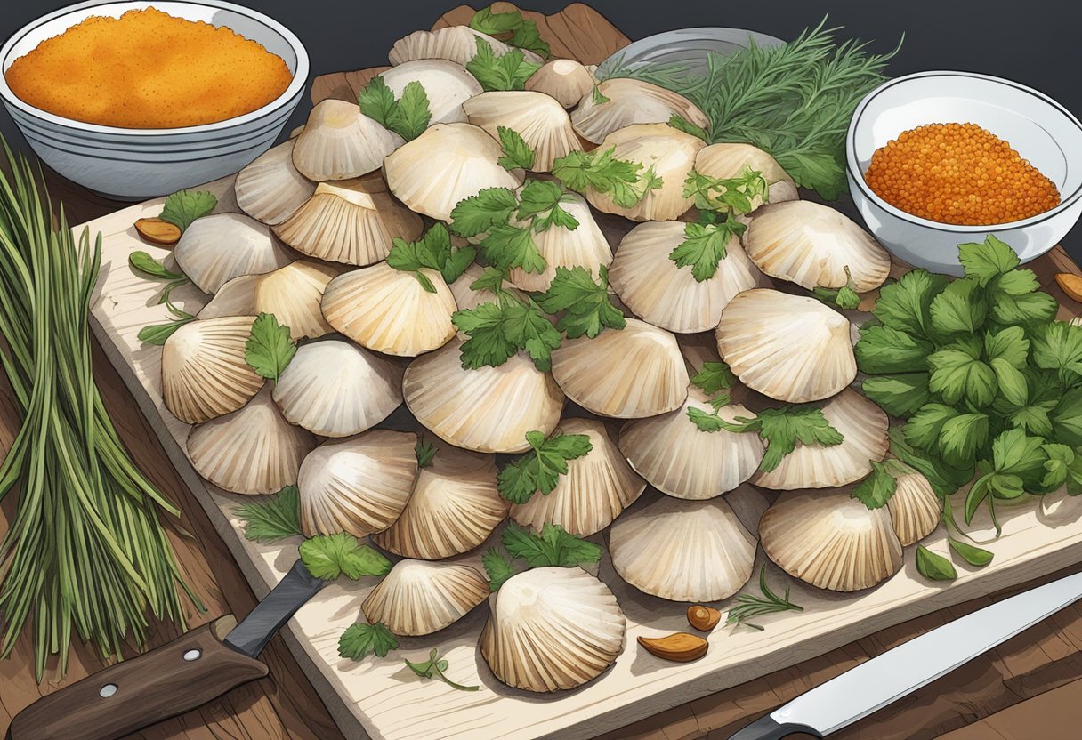 A pile of fresh scallops surrounded by a variety of colorful herbs and spices, with a chef's knife and cutting board nearby