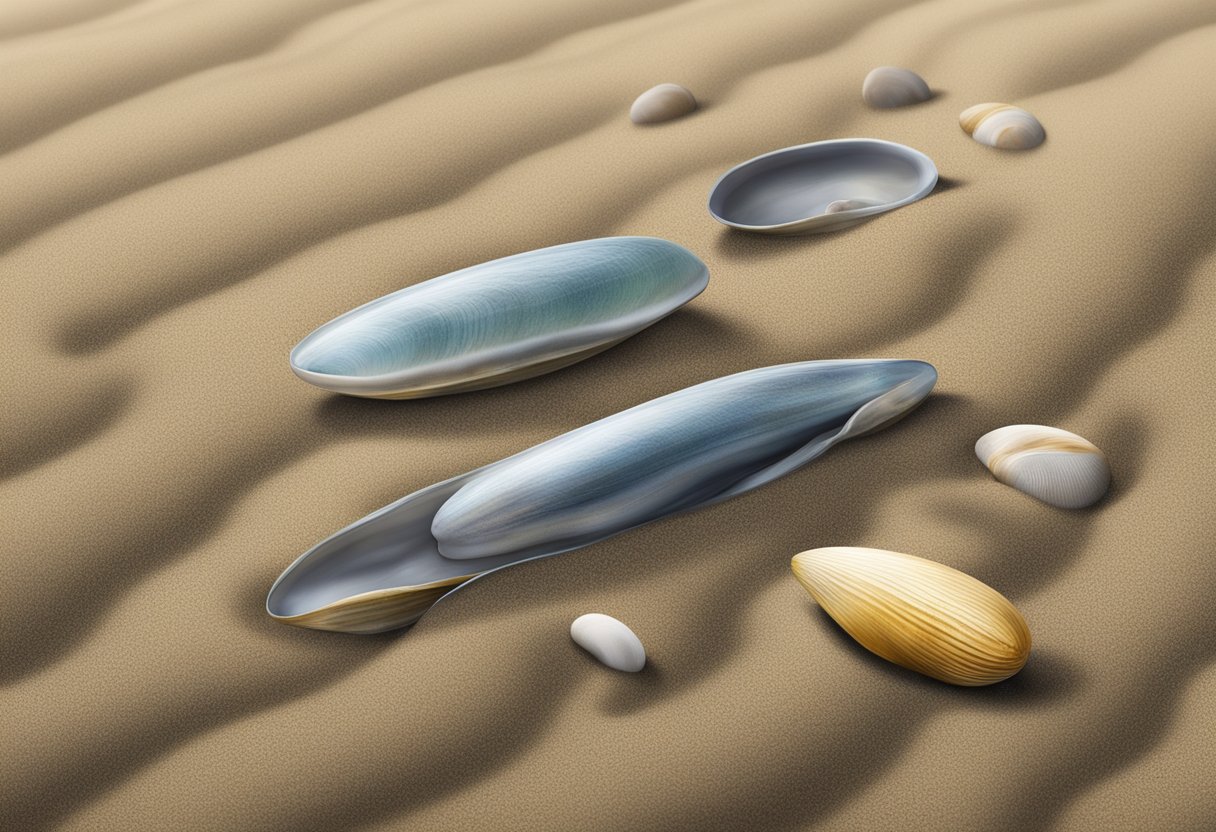 A razor clam burrows into wet sand at the edge of the ocean, leaving a trail of small, scattered shells behind