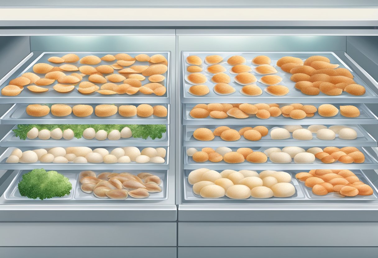Frozen scallops arranged in a neat row on a clean, white tray. A freezer door stands ajar, revealing shelves stocked with various seafood products