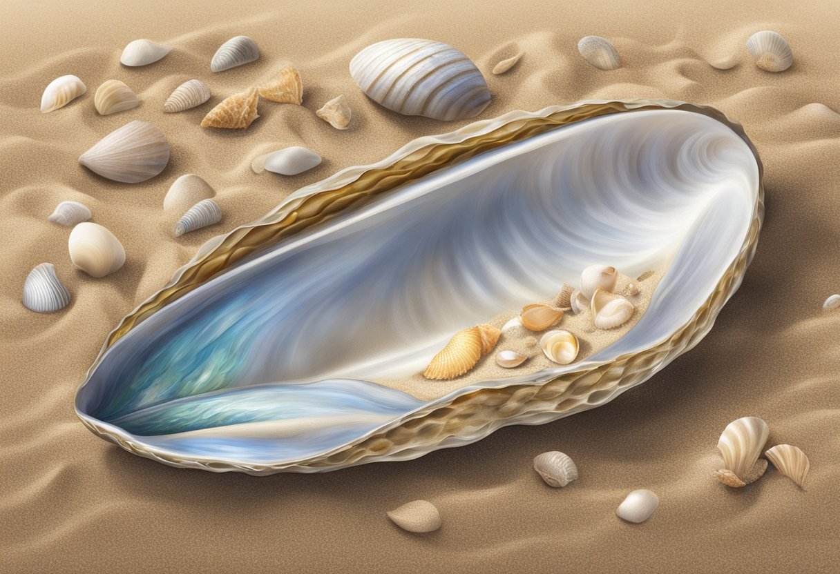 A razor clam burrows into sandy beach, surrounded by seashells and ocean waves