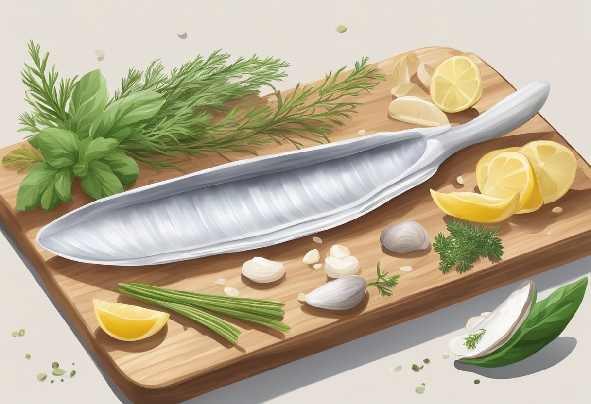 The razor clam is being sliced and prepared for a dish, surrounded by various herbs and ingredients on a clean cutting board