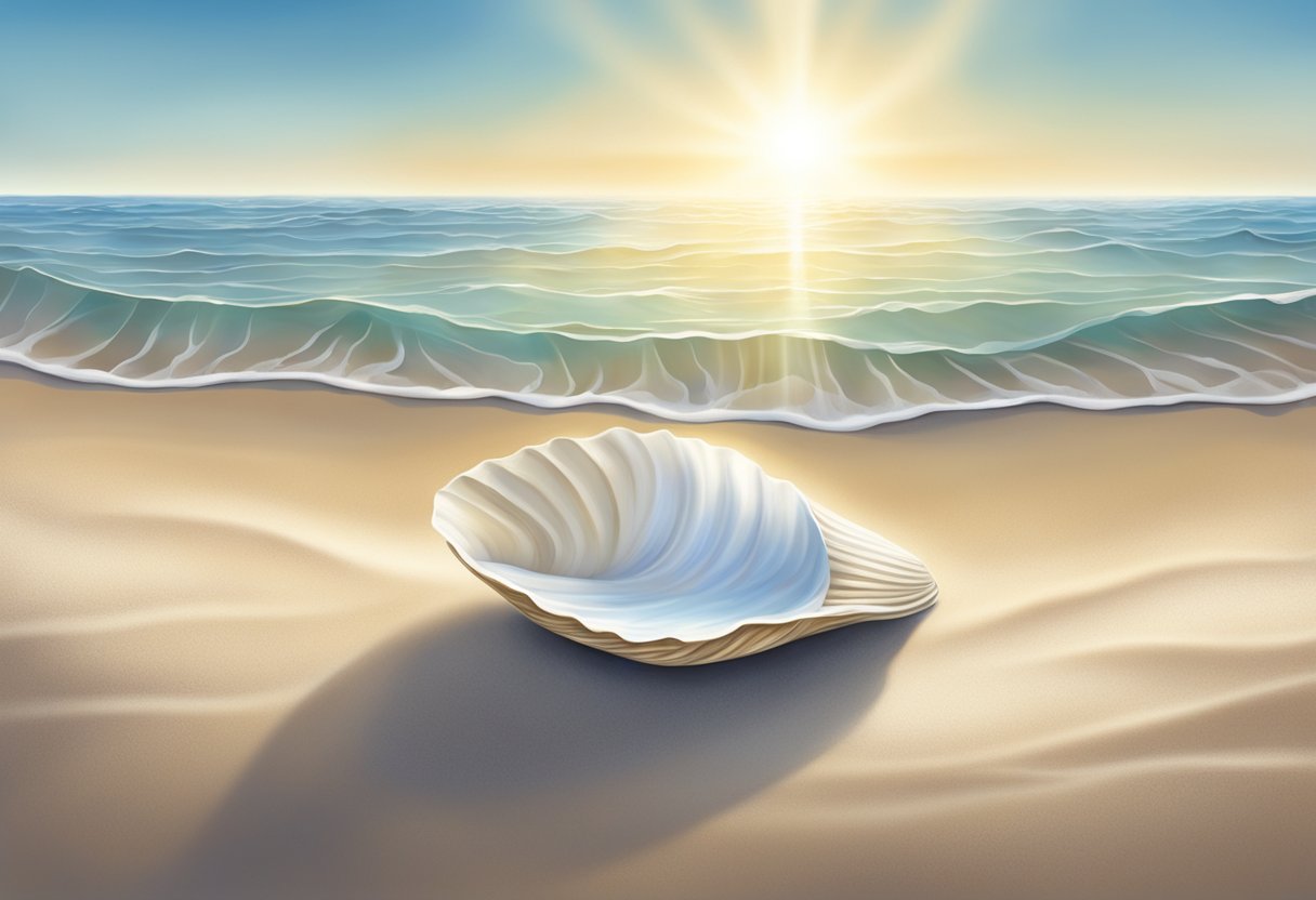 A white clam nestled in the sandy ocean floor, surrounded by gentle waves and sunlight filtering through the water