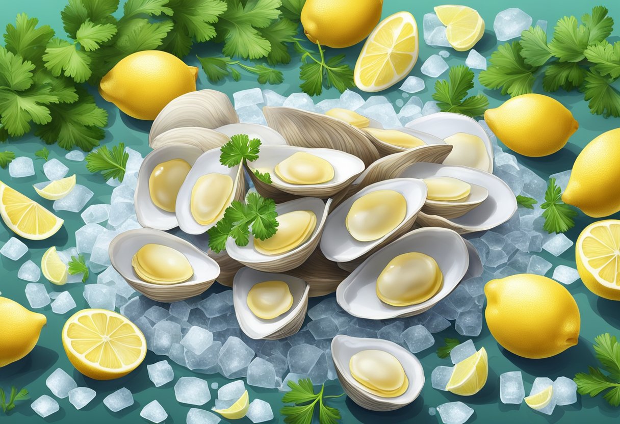 A pile of fresh white clams arranged on a bed of ice, surrounded by vibrant green parsley and wedges of lemon, with a hint of sea salt sprinkled over the top
