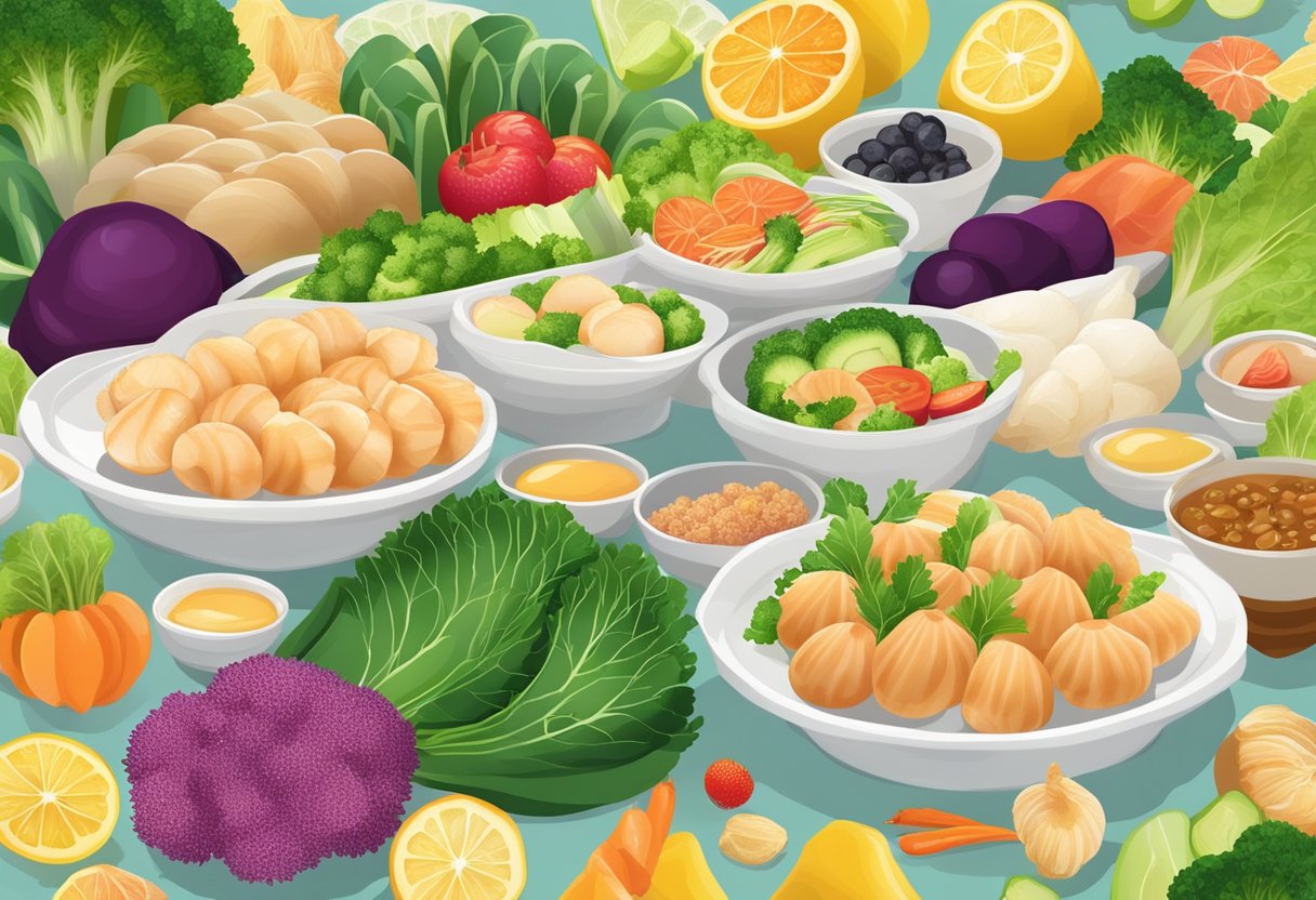 A platter of fresh Japanese scallops, rich in protein and omega-3 fatty acids, surrounded by vibrant vegetables and fruits, highlighting its nutritional benefits