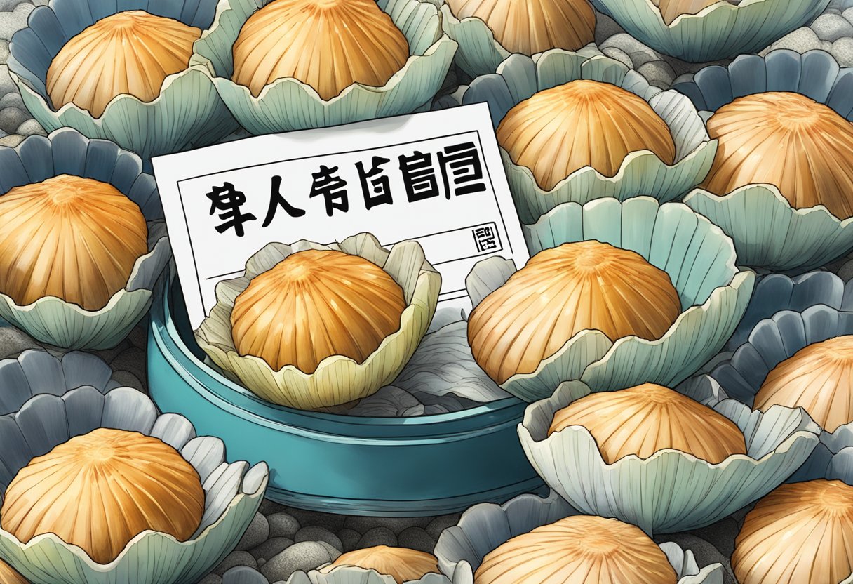 A pile of Japanese scallops with a "Frequently Asked Questions" sign in the background