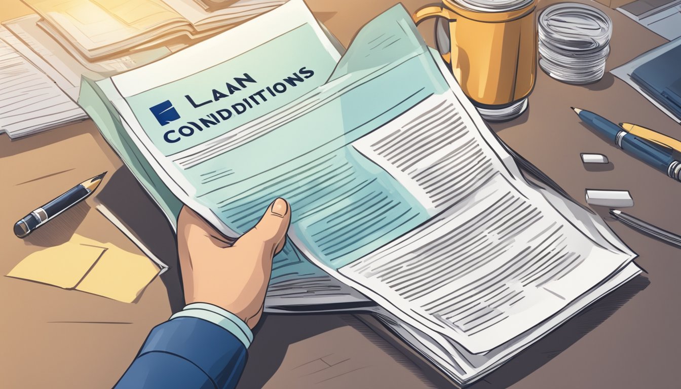 A person reading a document titled "Loan Terms and Conditions" with a bank logo in the background