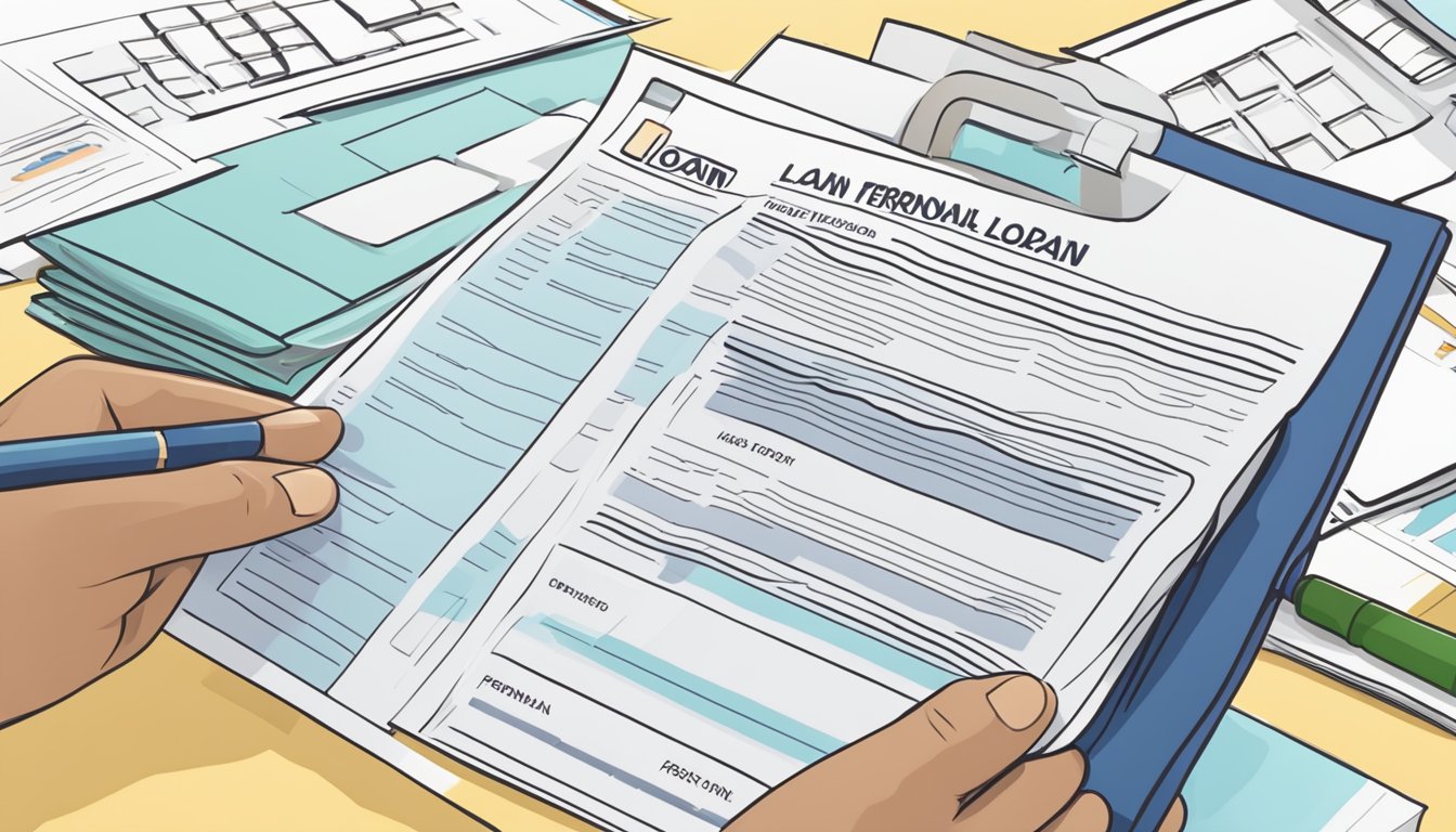 A person reading loan terms and filling out a POSB personal loan application form