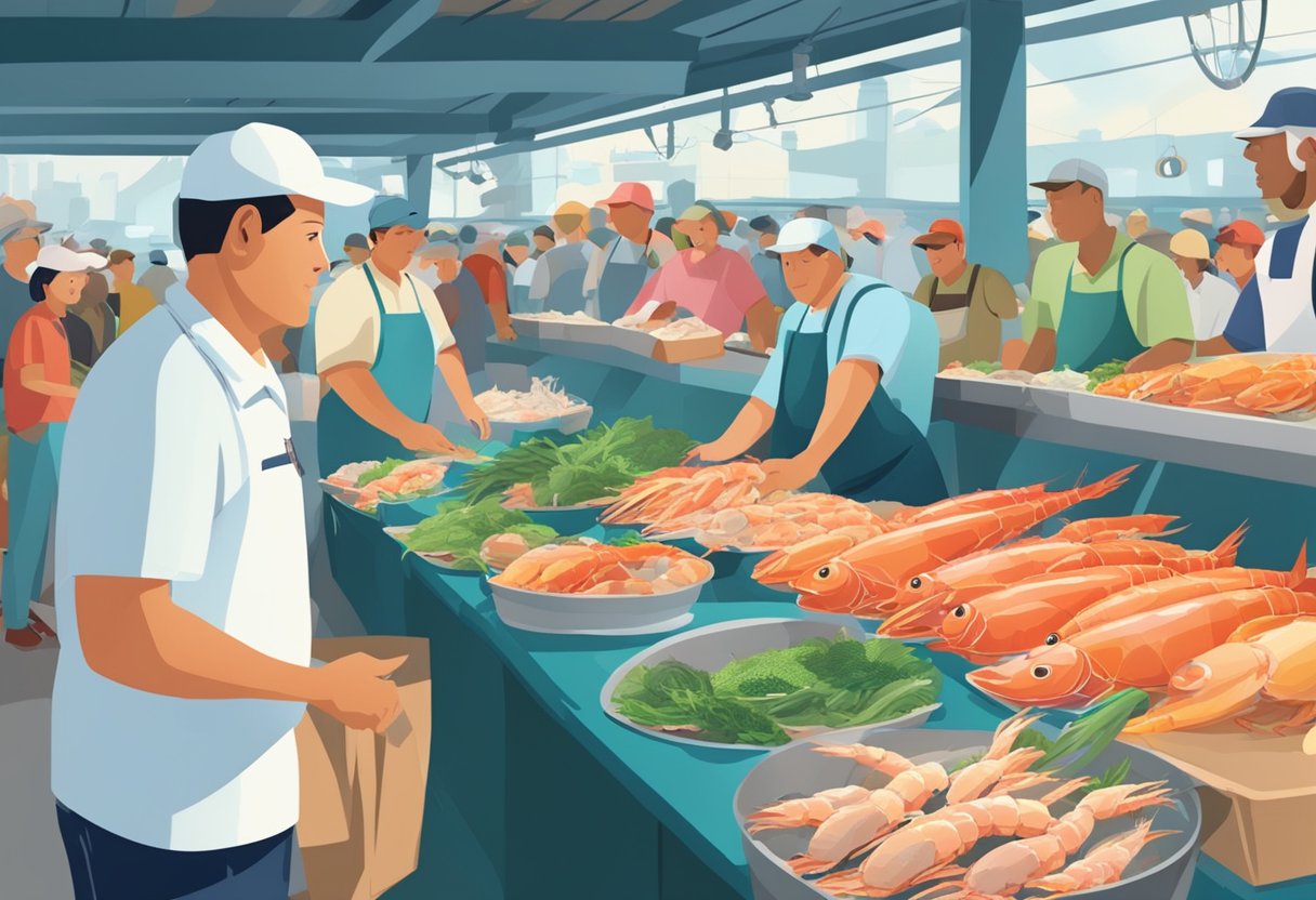 A bustling seafood market with colorful displays of fresh fish, shrimp, and crabs. Customers eagerly select their favorites while vendors shout out their best deals