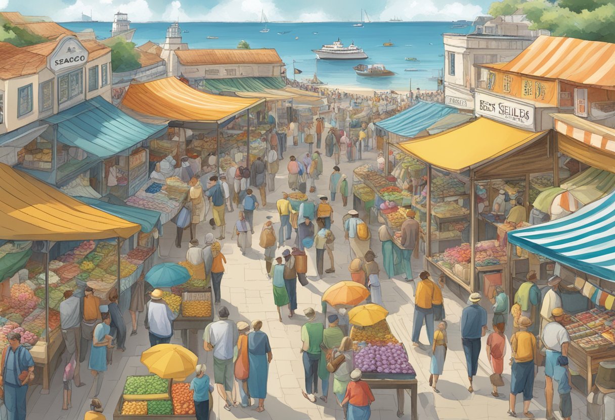 A bustling seaside market with colorful stalls, bustling crowds, and signs advertising "Best Sellers of Seaco."