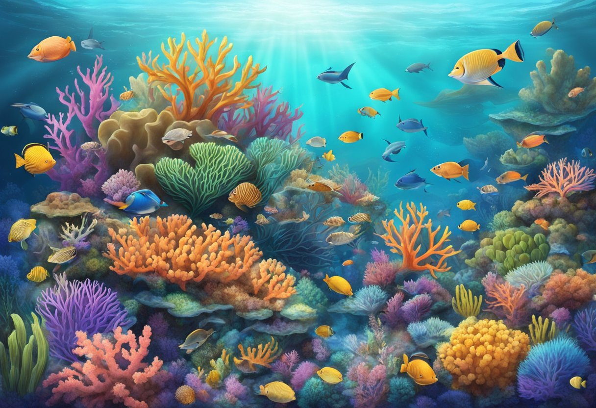 A colorful coral reef teeming with various crustaceans of different shapes and sizes, surrounded by a diverse array of marine flora and fauna