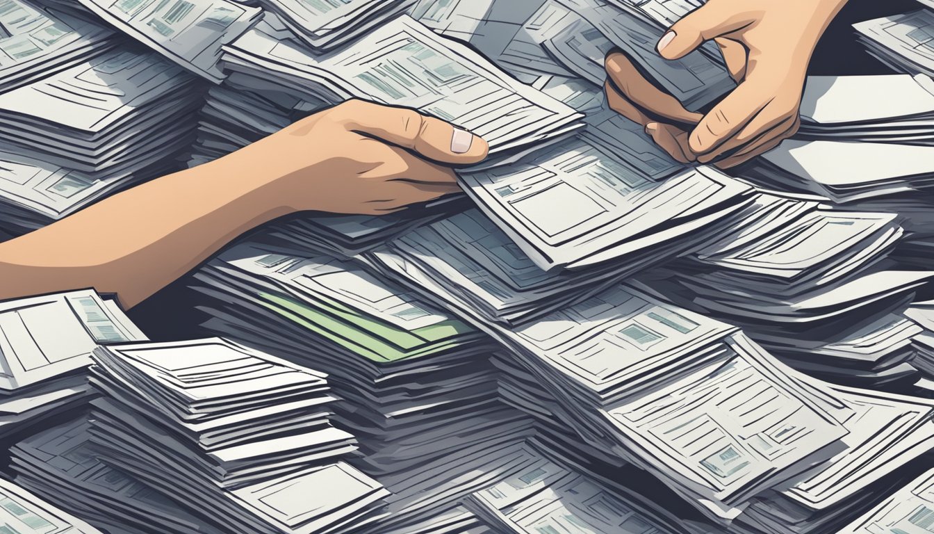 A person gathers multiple loan documents and combines them into one pile