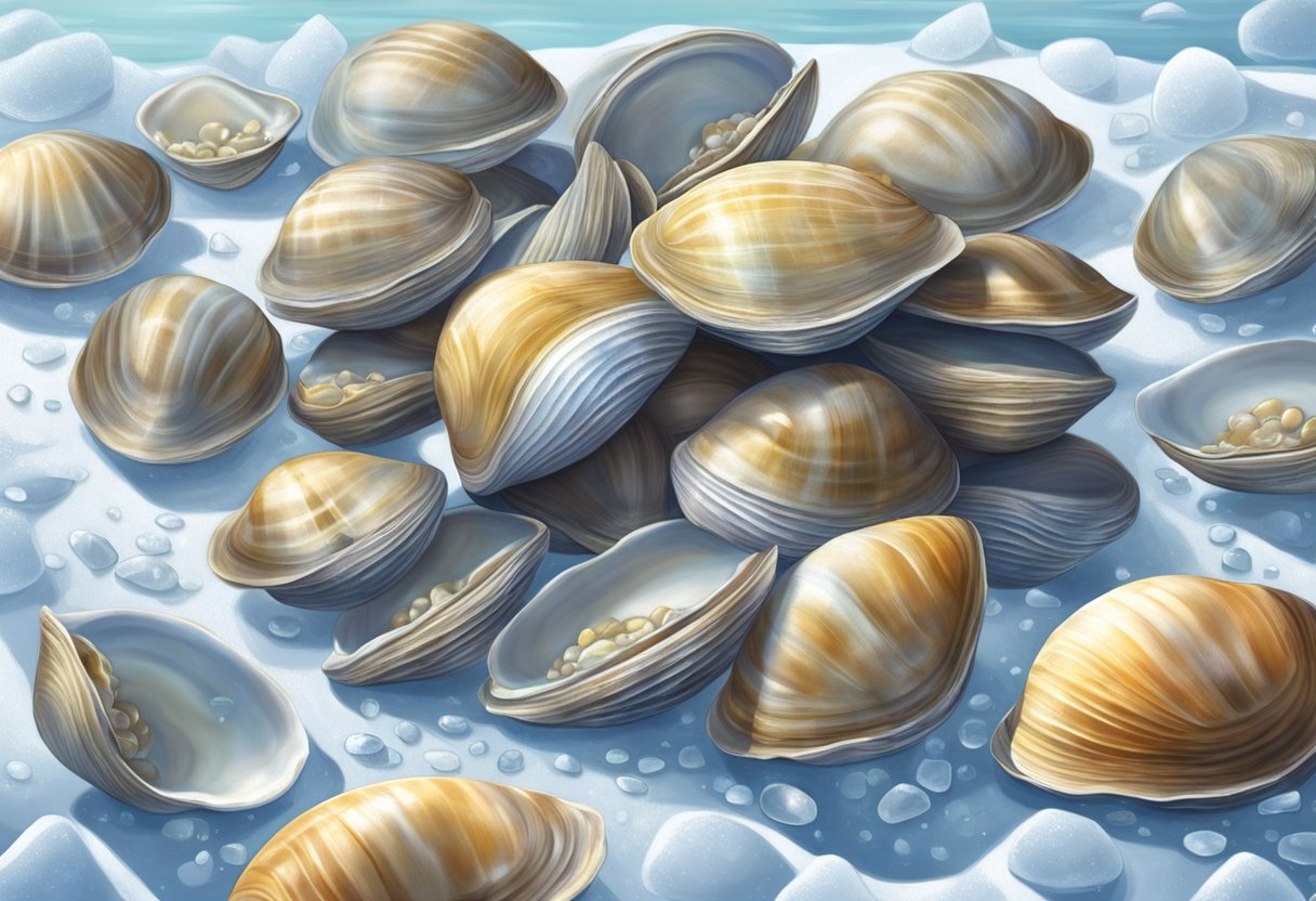 A pile of little neck clams sits on a bed of ice, their shells tightly closed, glistening in the light