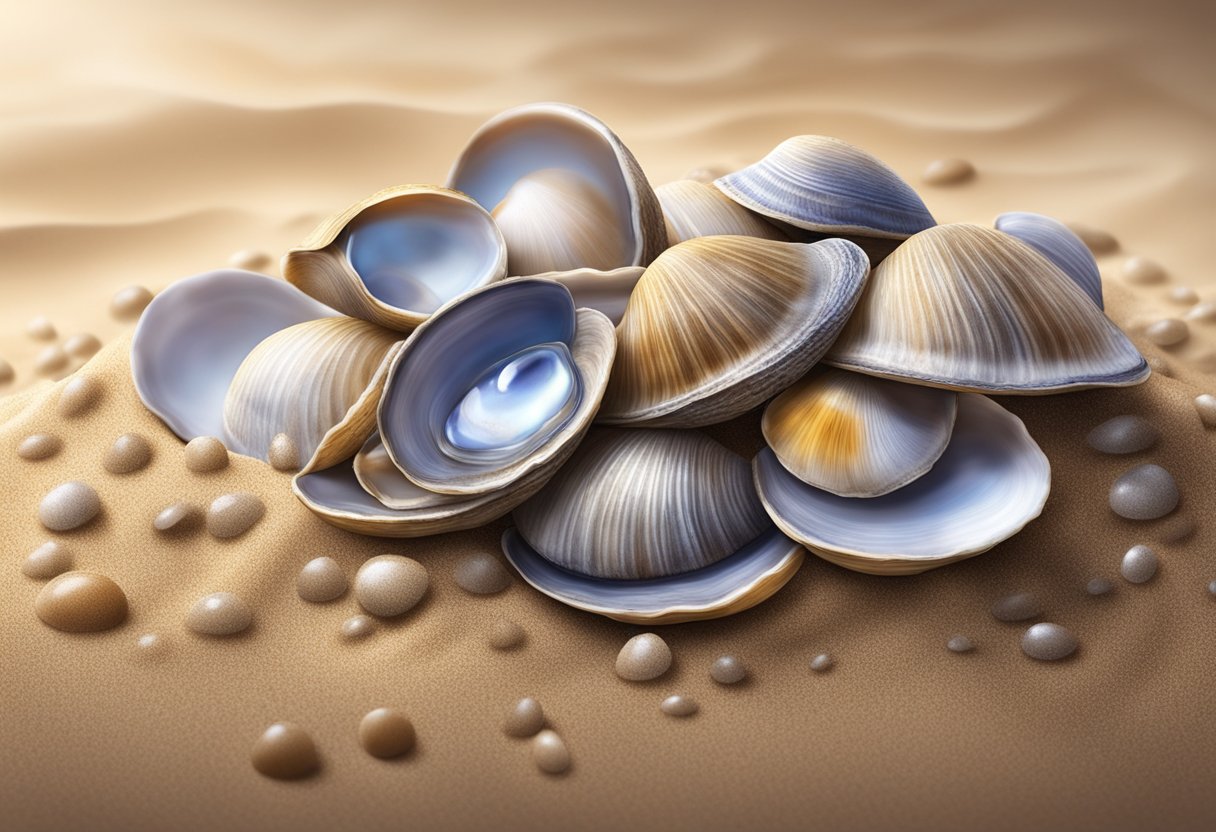 A pile of little neck clams scattered on a bed of sand with water droplets glistening on their smooth shells