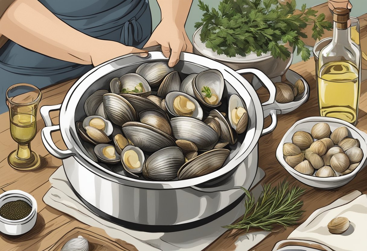 Clams being scrubbed, then steamed in a pot with garlic, white wine, and herbs