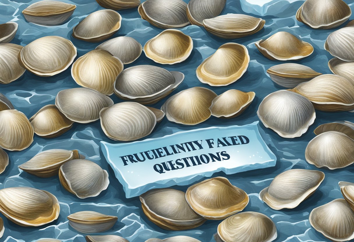 A pile of little neck clams arranged on a bed of ice, with a sign reading "Frequently Asked Questions" displayed prominently above them