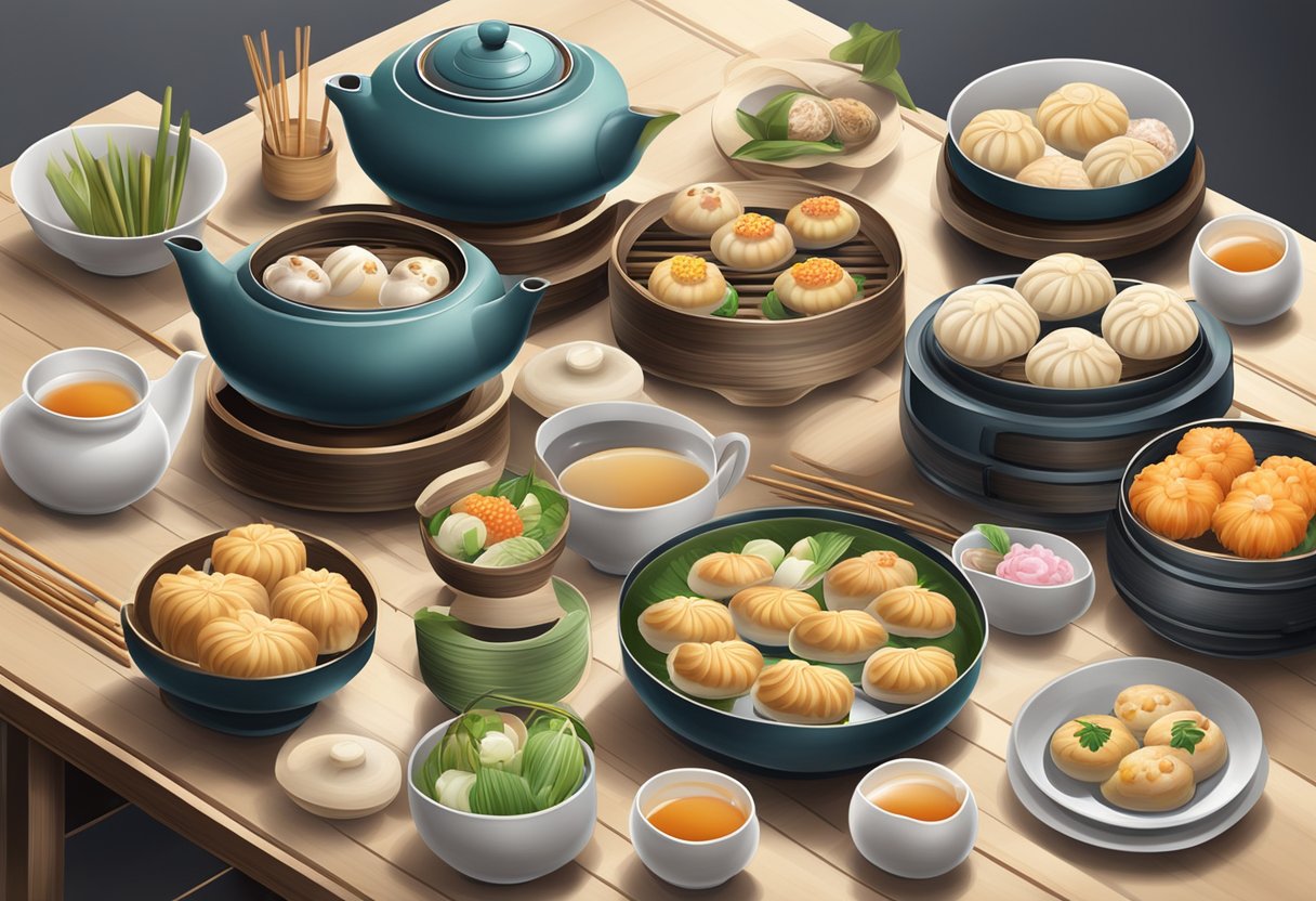 A table adorned with an array of steaming dim sum and buns, surrounded by bamboo steamers and teapots