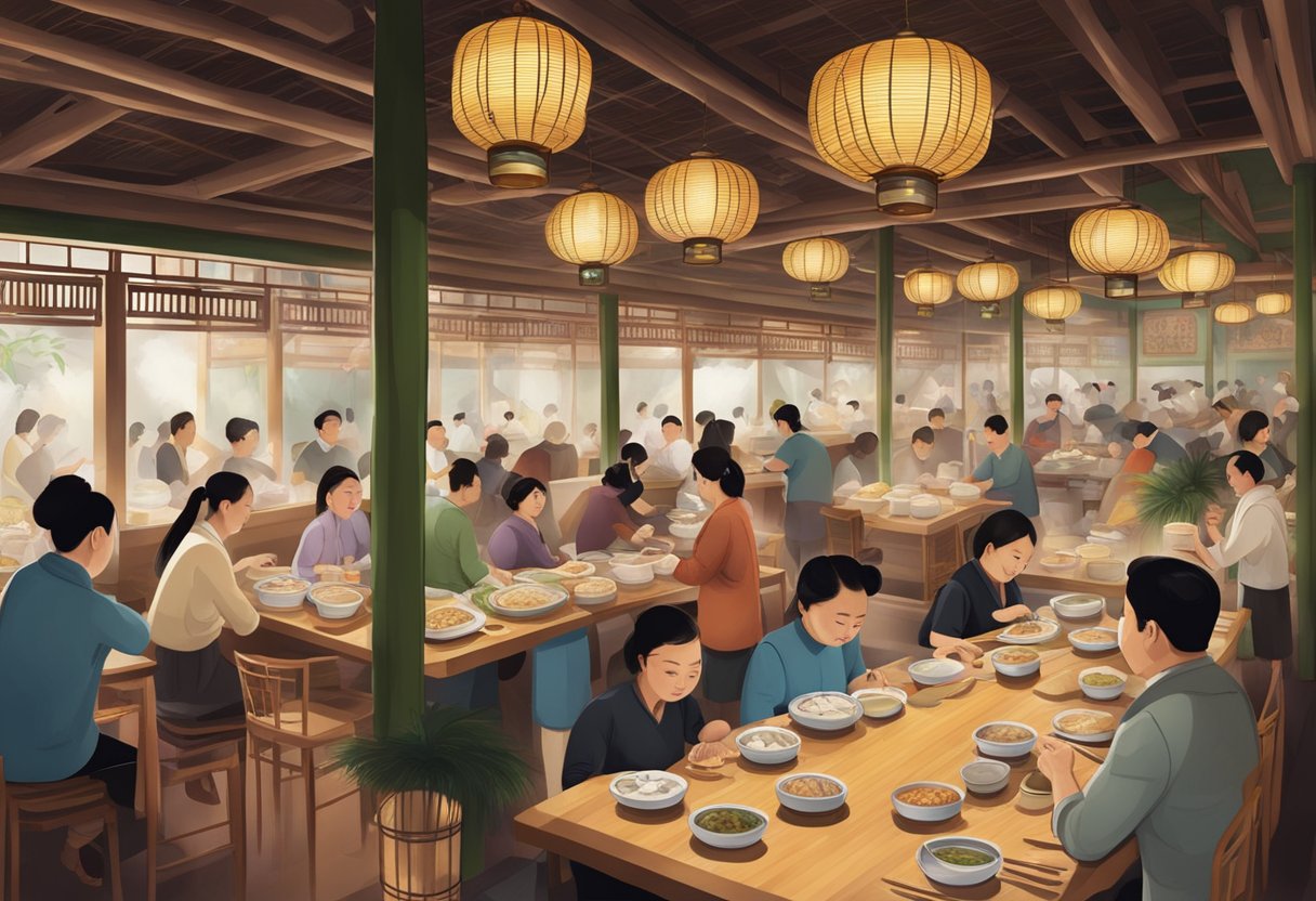 A bustling dim sum restaurant with steaming bamboo baskets, bustling servers, and tables filled with eager diners