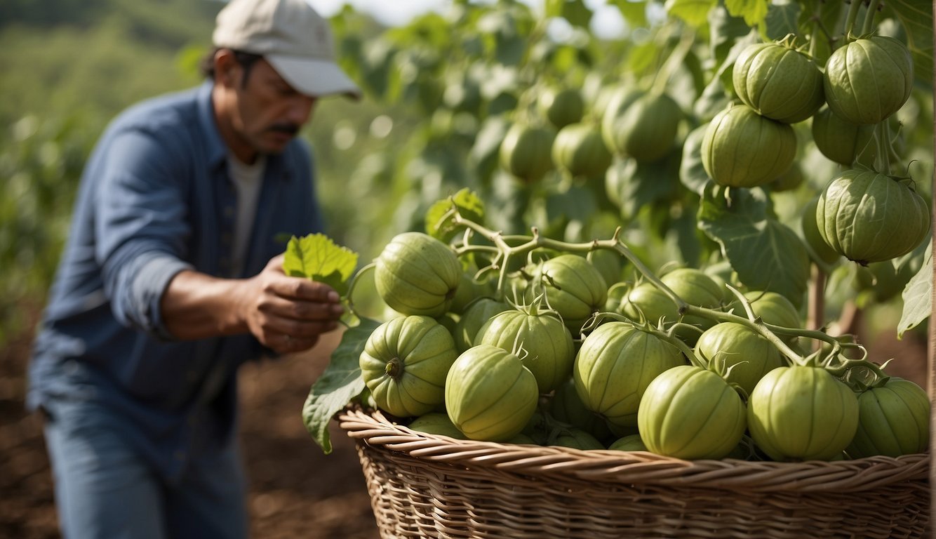 Tomatillo plants being pruned and harvested, with ripe fruits being stored in baskets