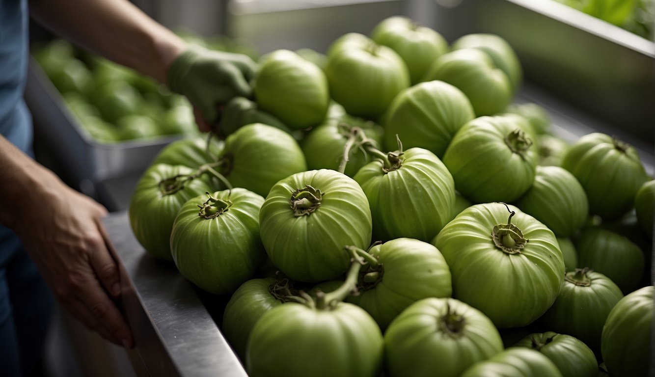 Tomatillos being harvested in a kitchen, with plants being pruned