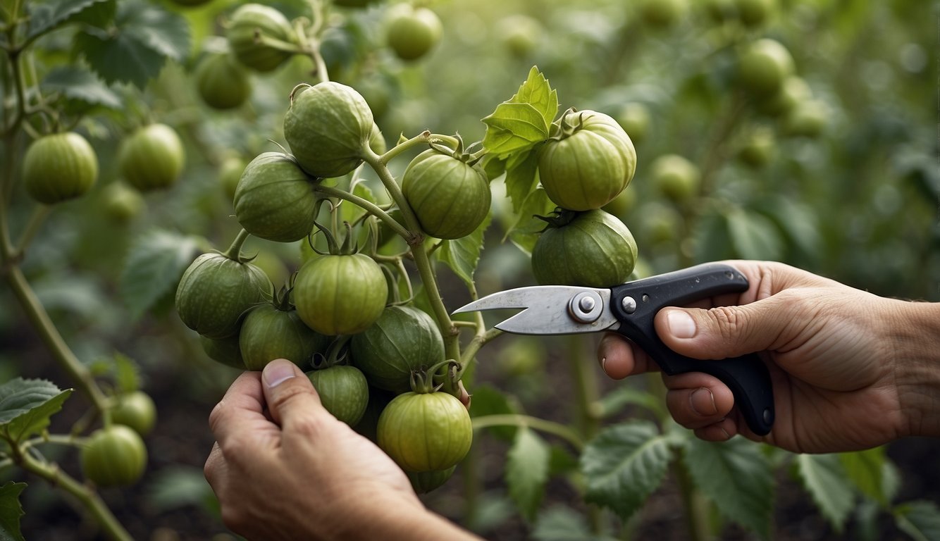 Tomatillo plants being pruned, with hands holding pruning shears