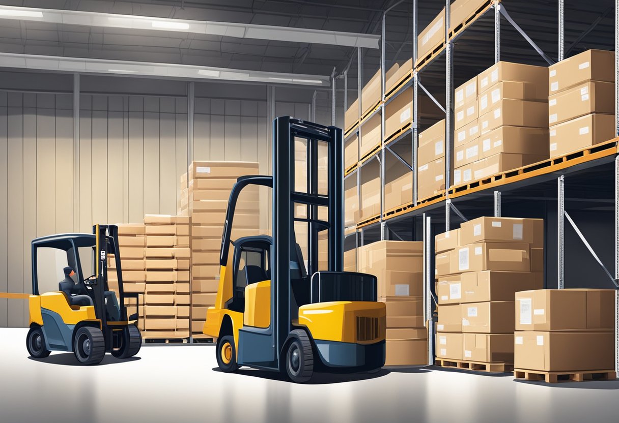 Boxes of frozen and chilled food stacked in a refrigerated warehouse, with forklifts moving pallets and workers checking temperatures