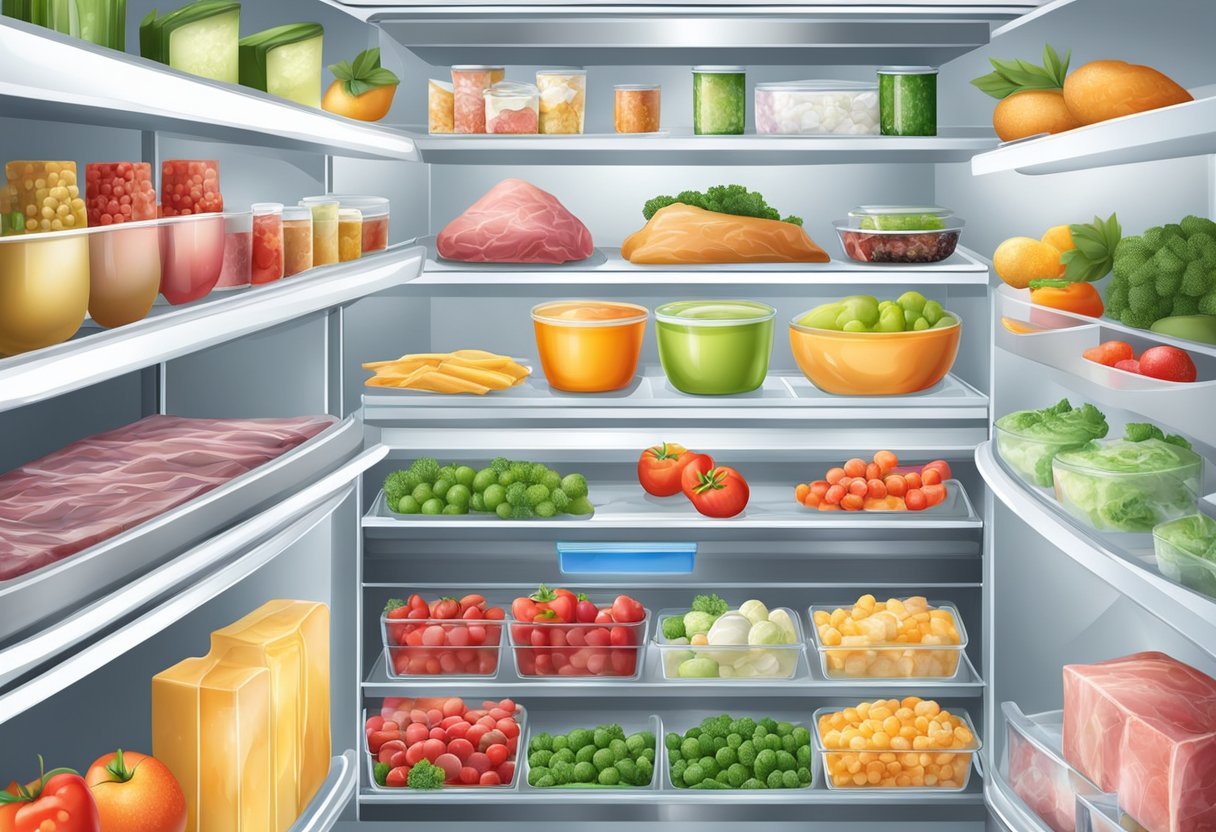 A freezer stocked with frozen vegetables, meat, and ice cream. A refrigerator filled with chilled beverages, dairy products, and fresh fruits