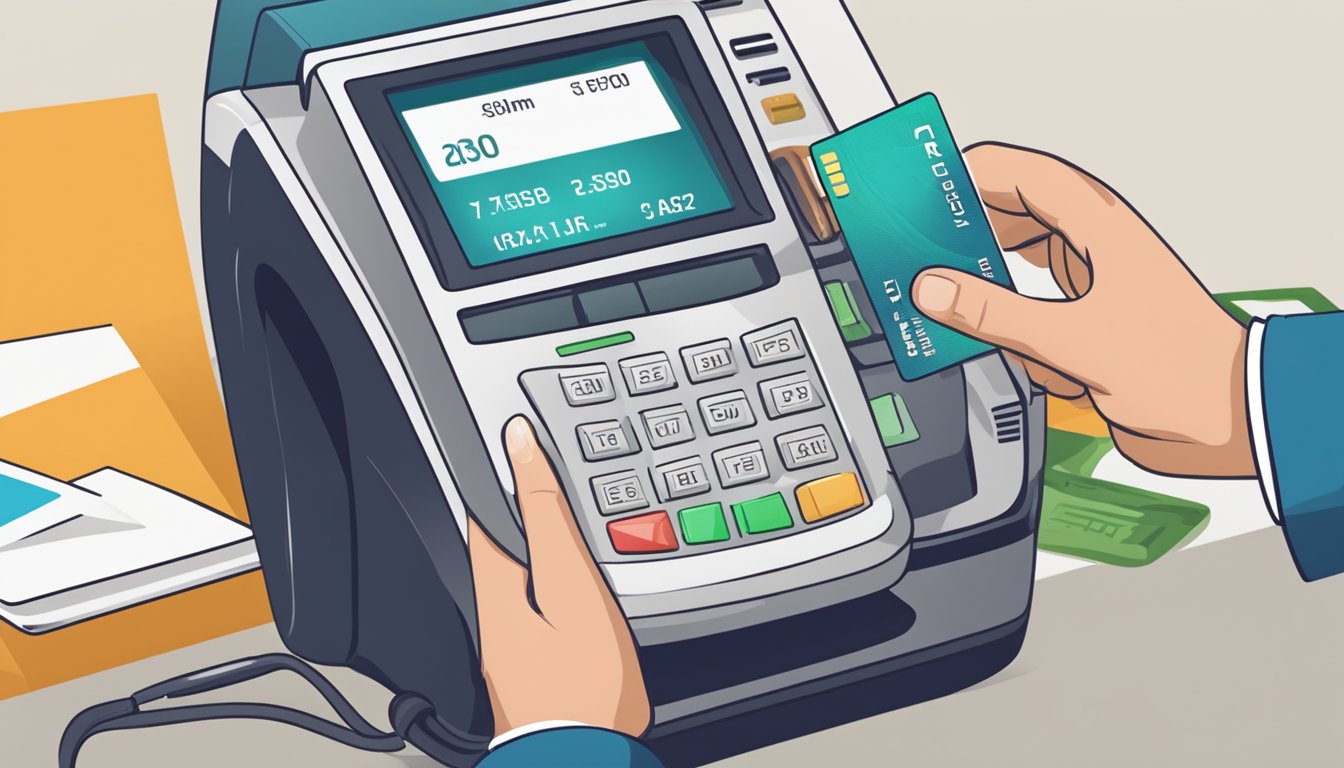 A credit card swiping through a payment terminal, with a personal loan EMI amount displayed on the screen