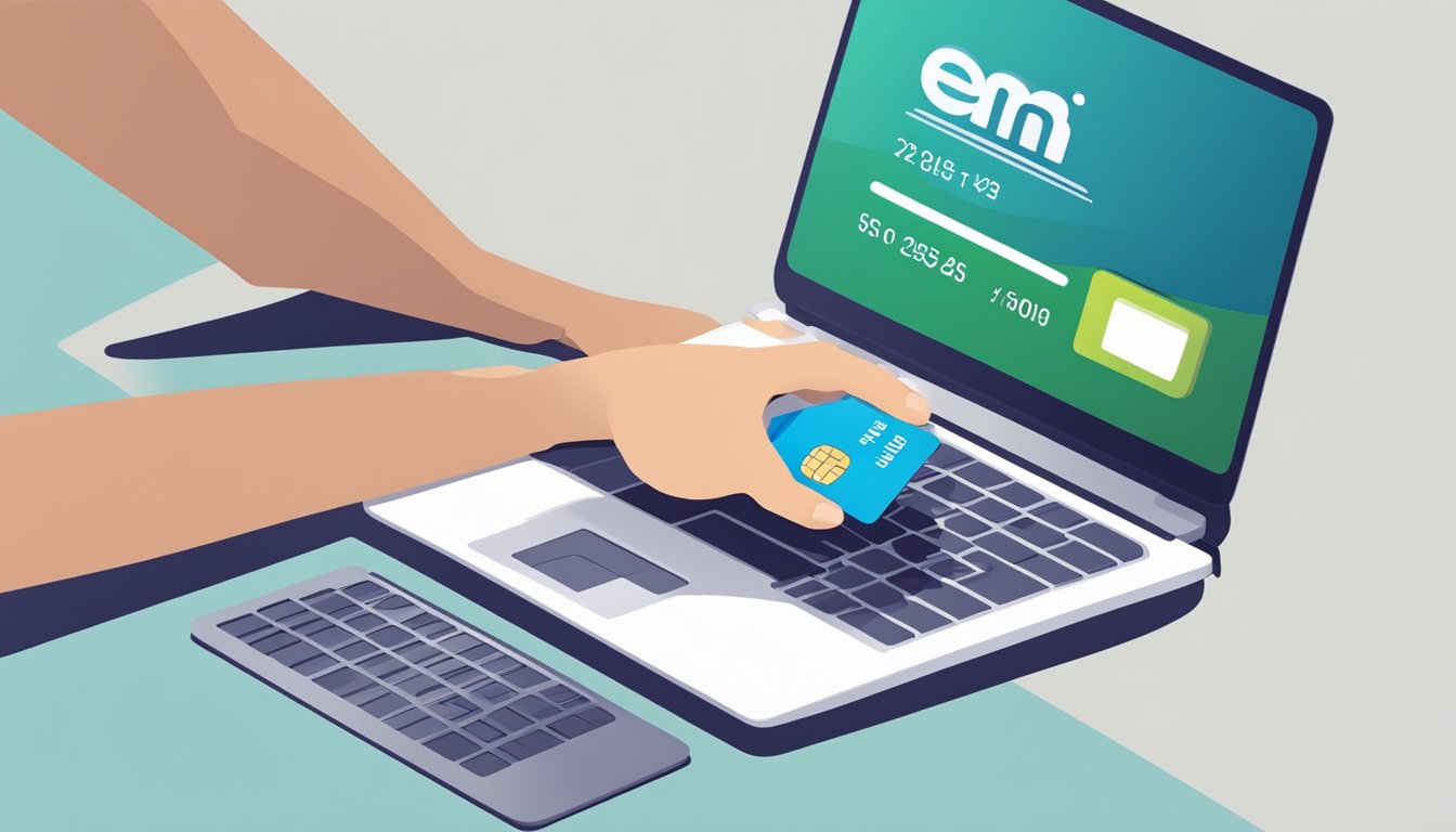A hand holds a credit card over a laptop, entering details to make EMI payments for a personal loan