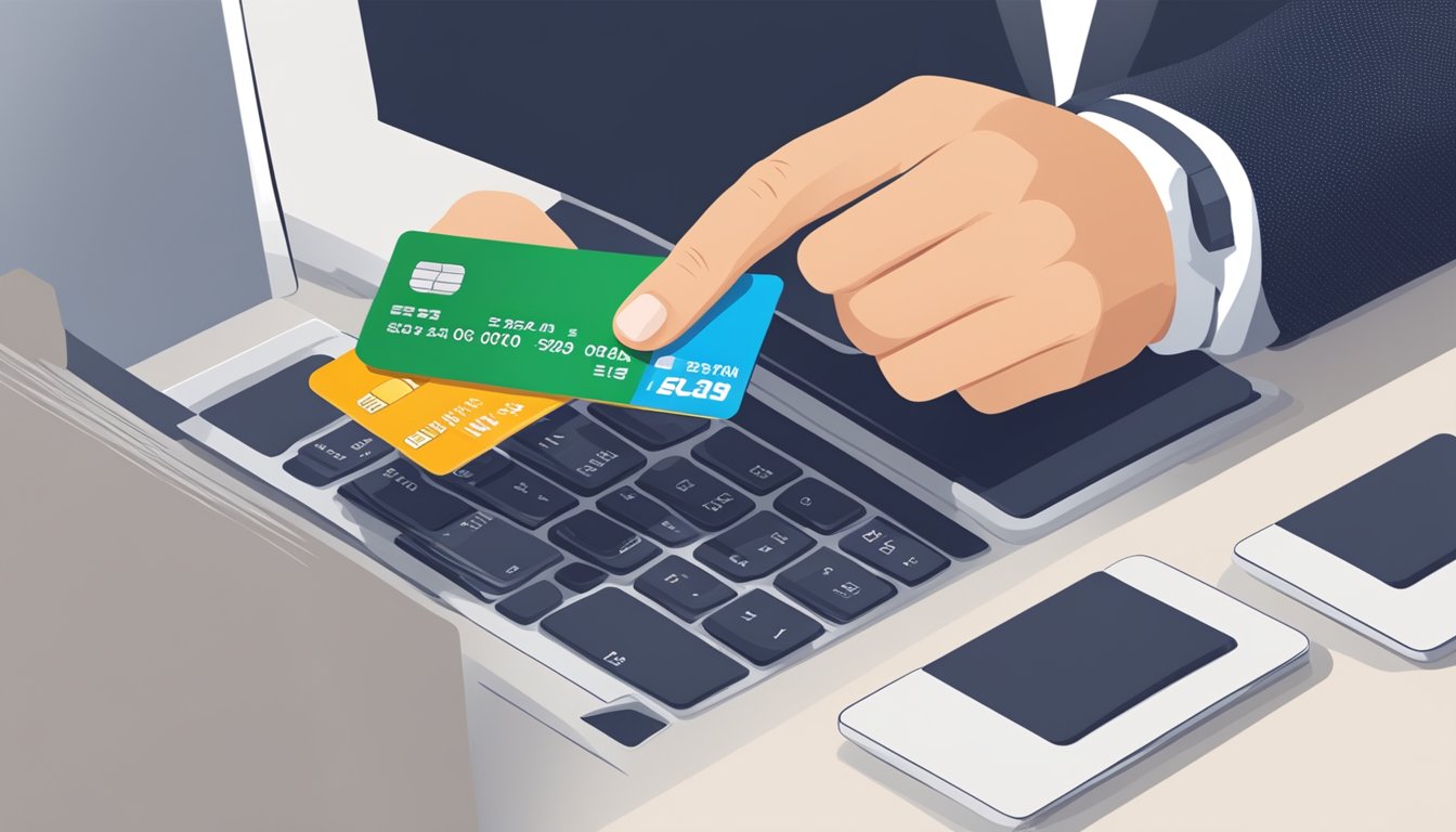 A hand holding a credit card and typing on a keyboard to pay a personal loan EMI online
